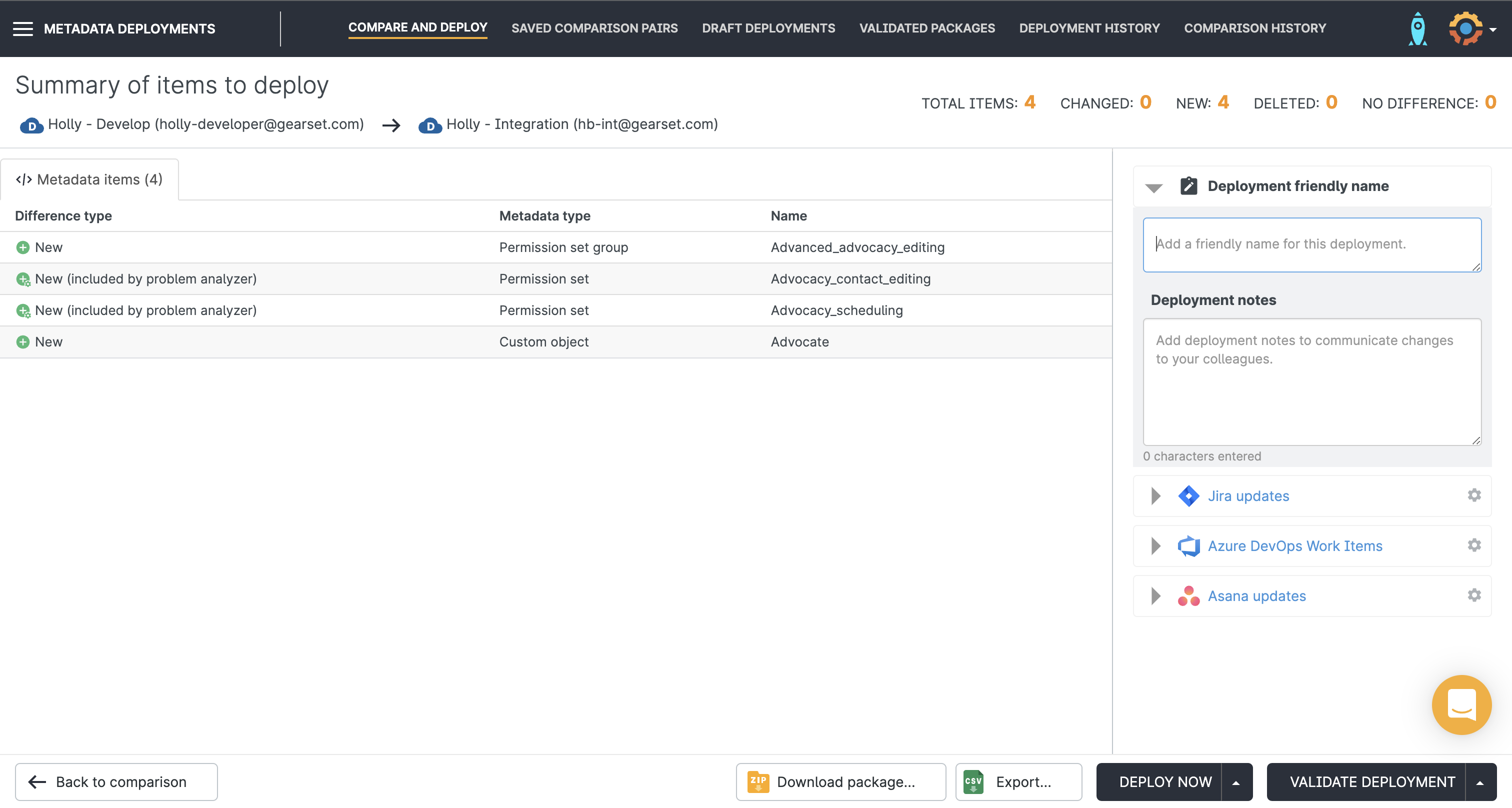 The pre-deployment summary page allows you to review the components in your package as well as name and track your deployment