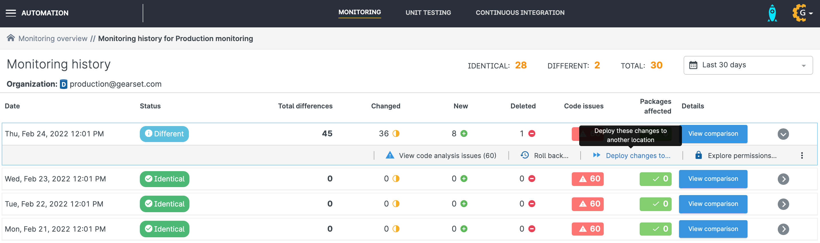Deploying backwards in change monitoring